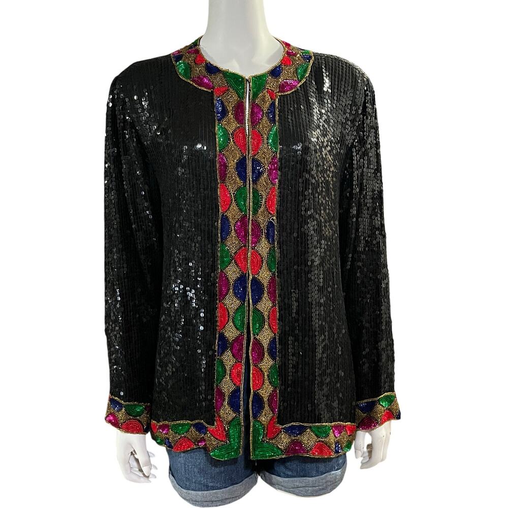 Eve's Allure Vintage Womens Natural Silk Sequins Beaded Jacket Size 1X - Picture 11 of 11